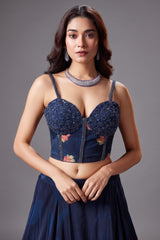 Dark Blue Crepe Silk Floral Printed Lehenga with Cutdana and Sequin Worked Corset