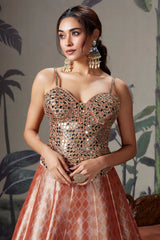 Coral Peach Tissue Silk Zari Woven Lehenga with Mirror Worked Corset Blouse
