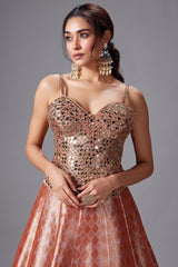 Coral Peach Tissue Silk Zari Woven Lehenga with Mirror Worked Corset Blouse
