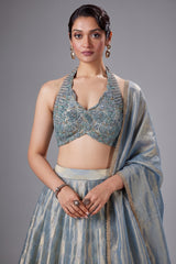 Powder Blue Tissue Silk Zari Woven Lehenga with Handworked Halter Neck Blouse