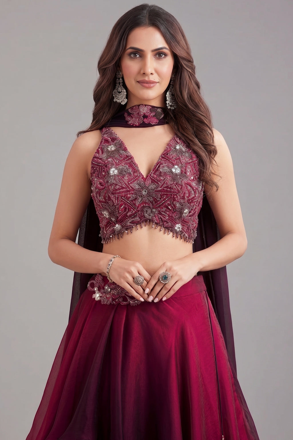 Purple and Magenta Ombre Crepe Silk Layered Lehenga with Sequin Cutdana Work