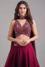 Purple and Magenta Ombre Crepe Silk Layered Lehenga with Sequin Cutdana Work