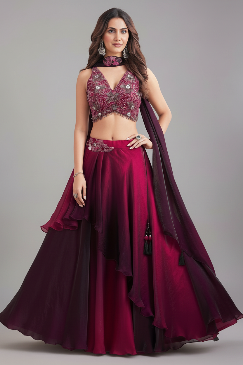 Purple and Magenta Ombre Crepe Silk Layered Lehenga with Sequin Cutdana Work