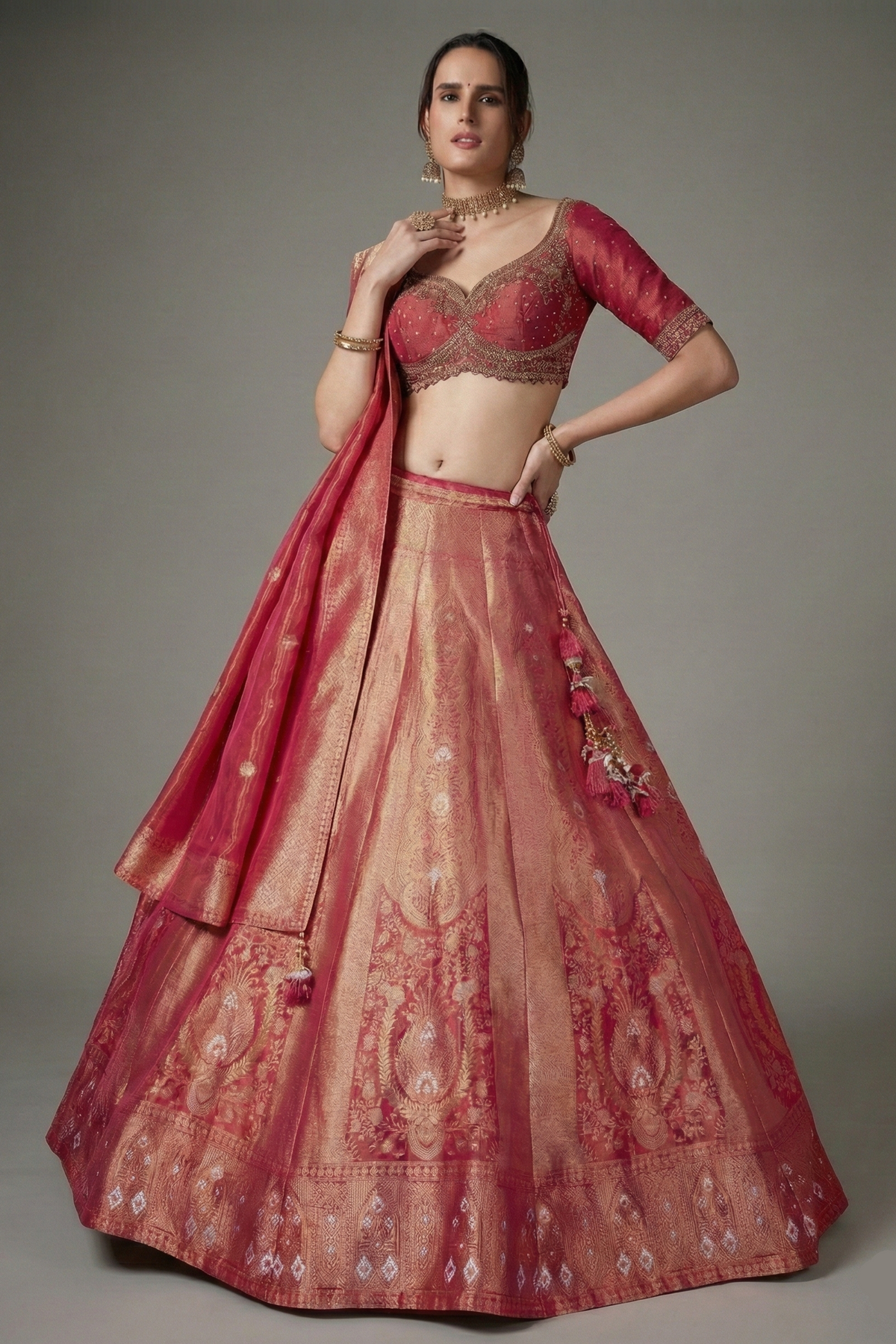 Crimson Pink Banarasi Tissue Silk All Over Woven Lehenga