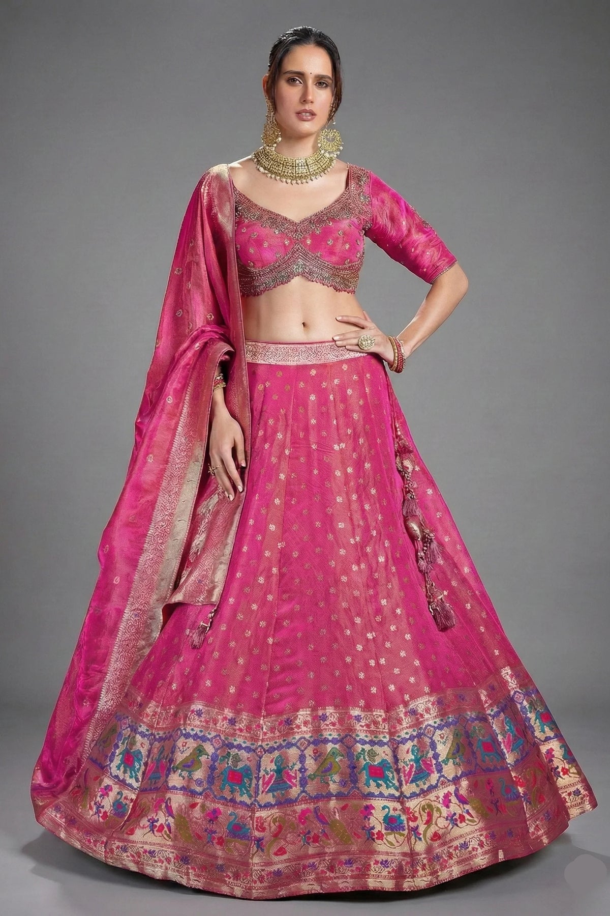 Magenta Pink Tissue Woven Lehenga with Paithani Border