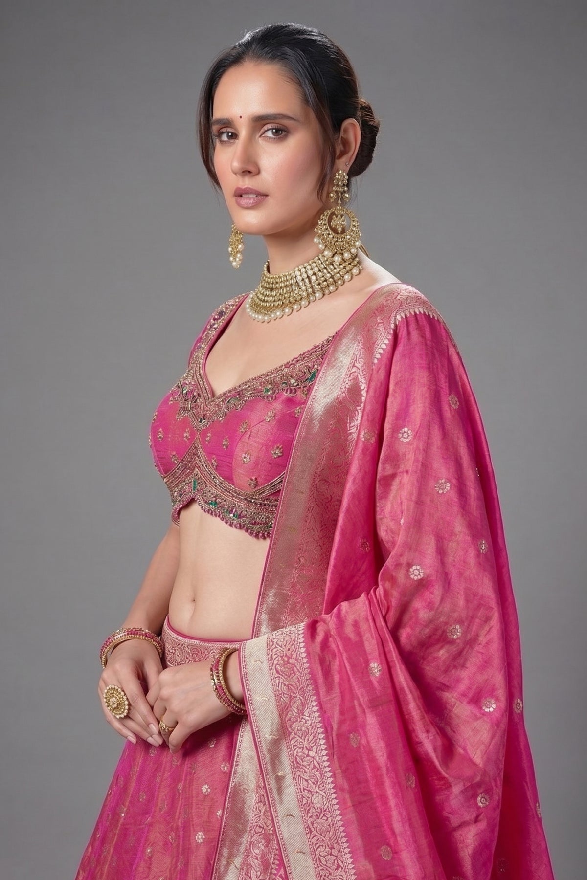 Magenta Pink Tissue Woven Lehenga with Paithani Border