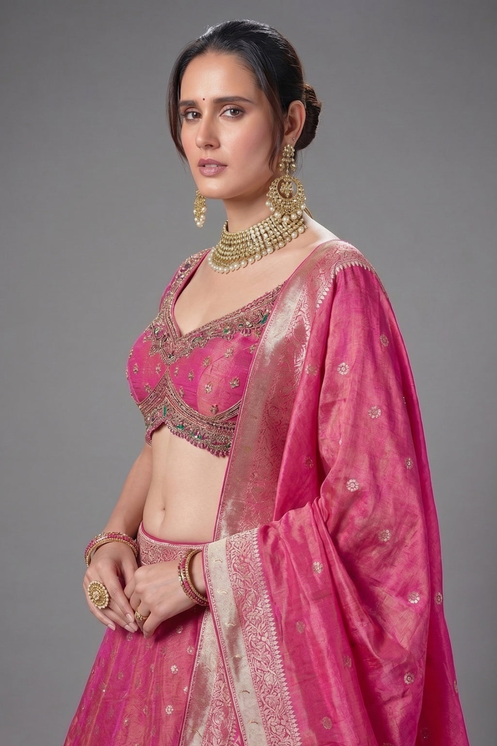 Magenta Pink Tissue Woven Lehenga with Paithani Border