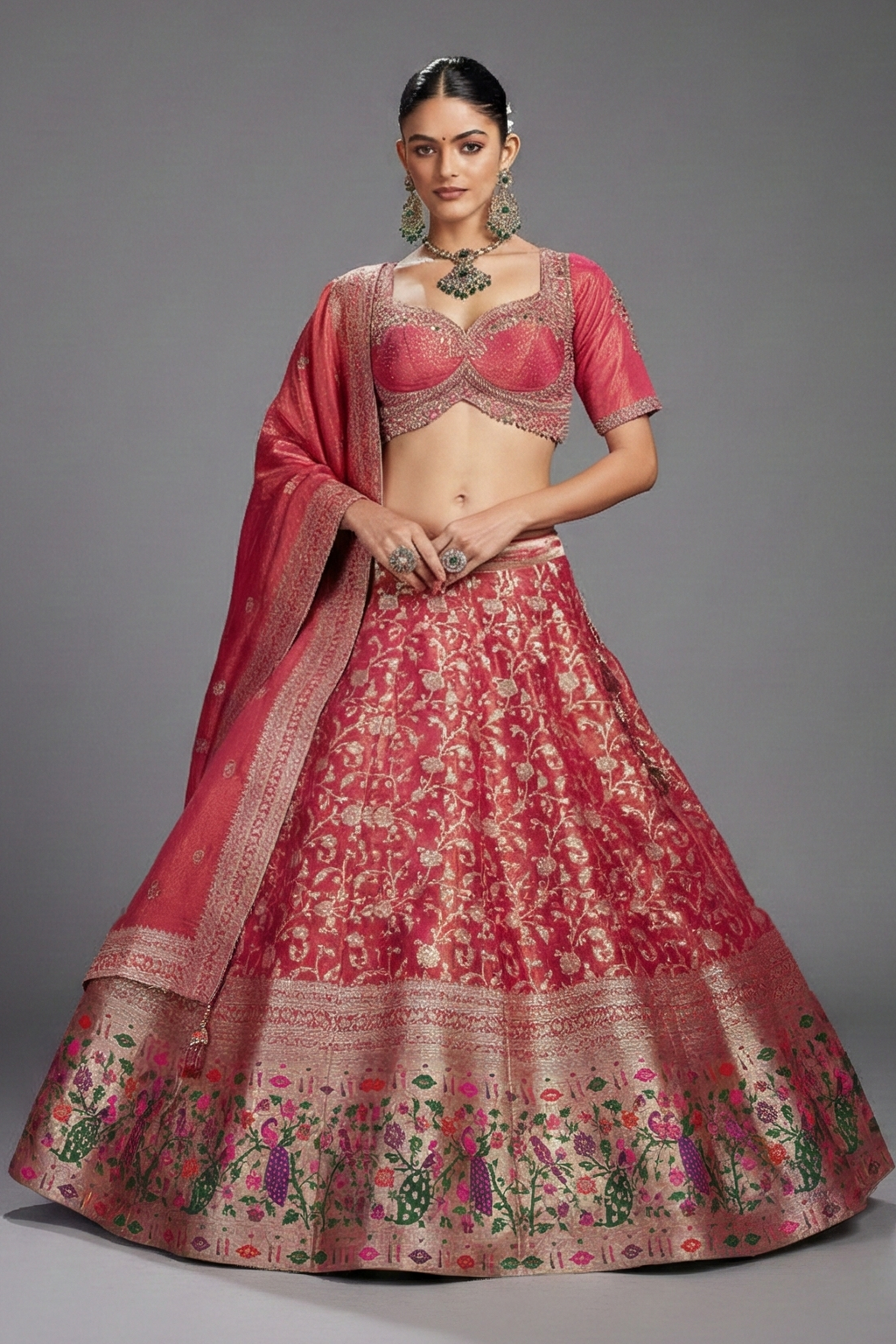 Deep Rose Pink Tissue Floral Woven Lehenga with Paithani Border