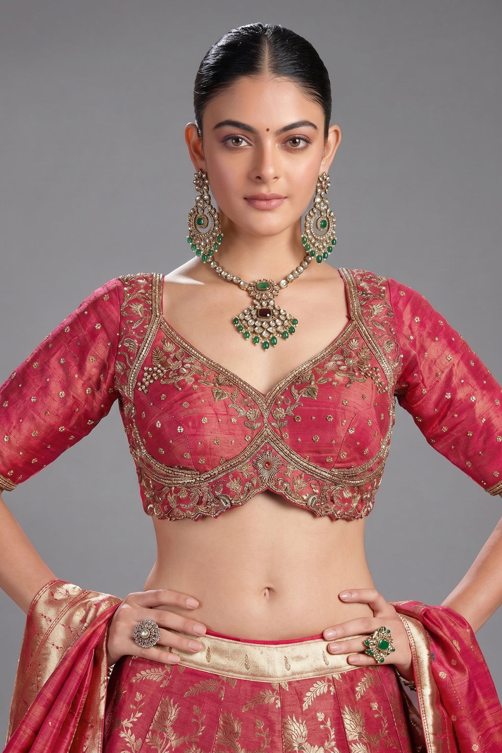 Deep Crimson Red Tissue Silk Floral Woven Jaal Lehenga with Paithani Border