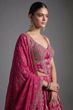 Fuchsia Pink Organza Floral Woven Pleated Lehenga with Corset