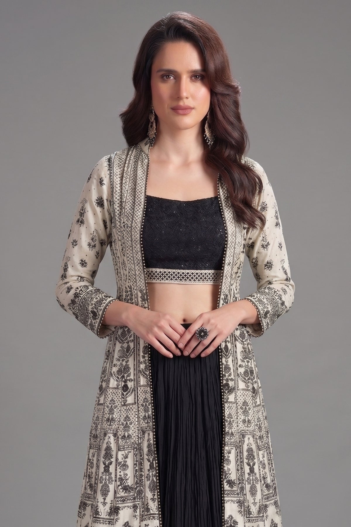 Black Georgette Sequin Beaded Crop Top Lehenga with Jacket