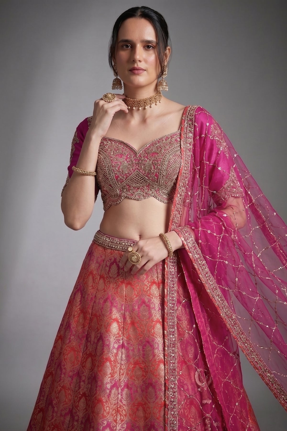 Pink and Red Banarasi Silk All Over Woven Lehenga