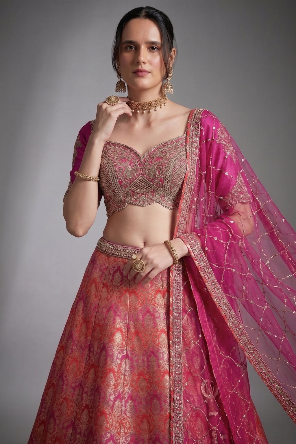 Pink and Red Banarasi Silk All Over Woven Lehenga
