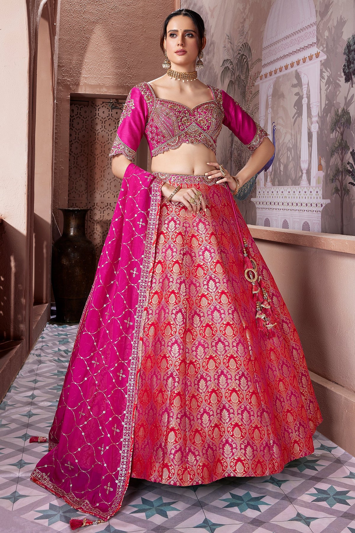 Pink and Red Banarasi Silk All Over Woven Lehenga