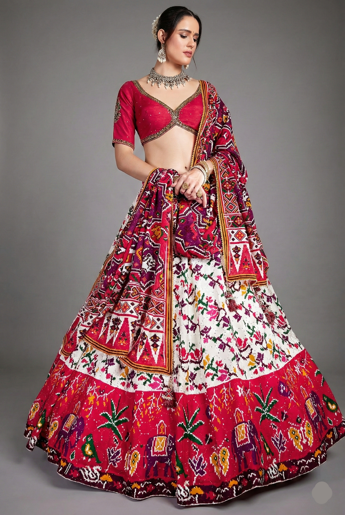 Pearl White and Red Chiffon Silk Ikkat Patola Printed Lehenga with Contrast Border
