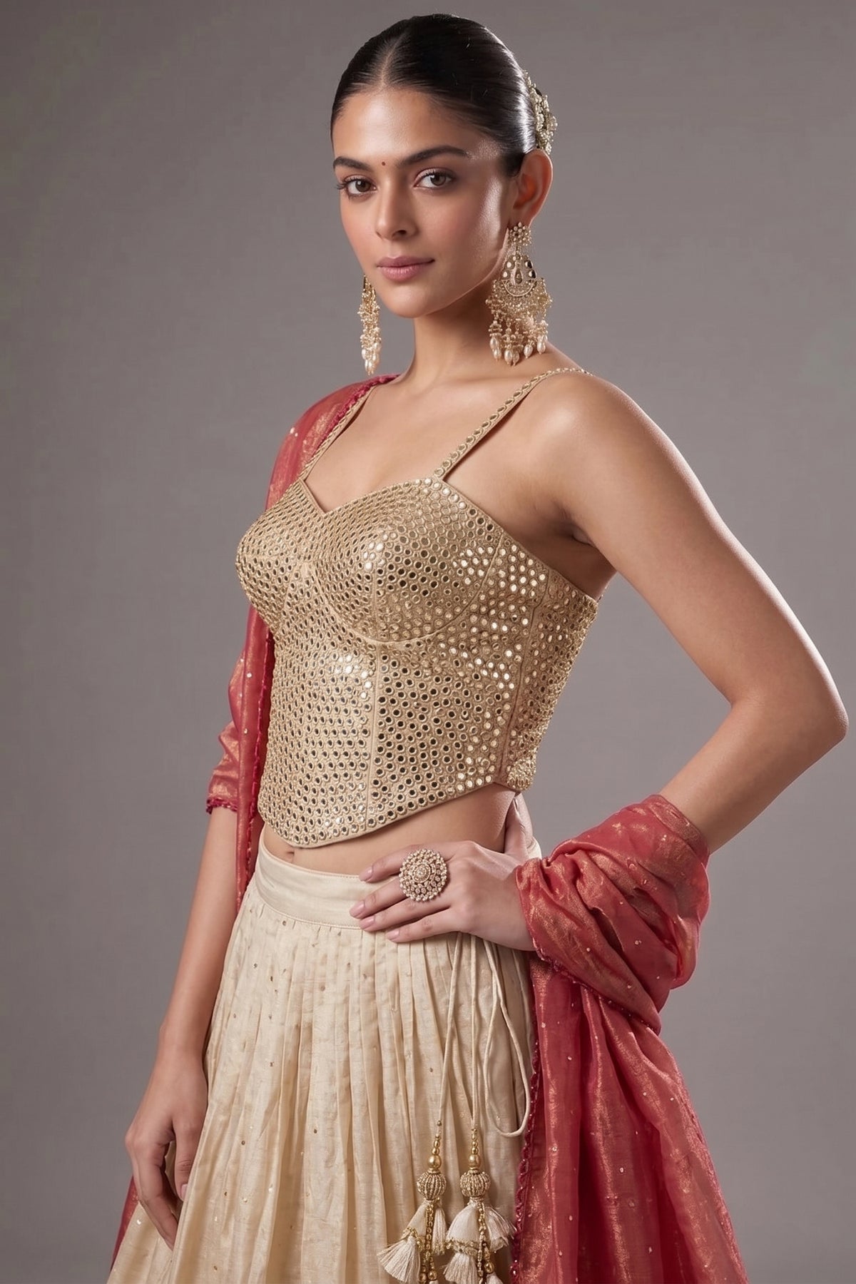 Cream Tissue Woven Pleated Lehenga with Mirror Work Corset