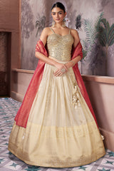 Cream Tissue Woven Pleated Lehenga with Mirror Work Corset