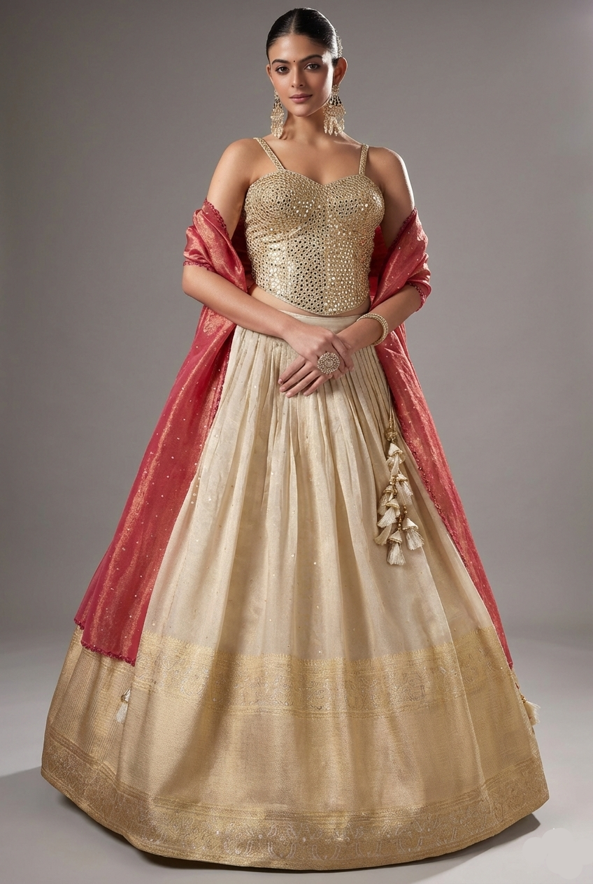 Cream Tissue Woven Pleated Lehenga with Mirror Work Corset