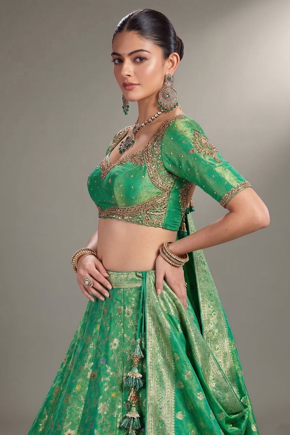 Jade Green Tissue Silk Floral Woven Lehenga