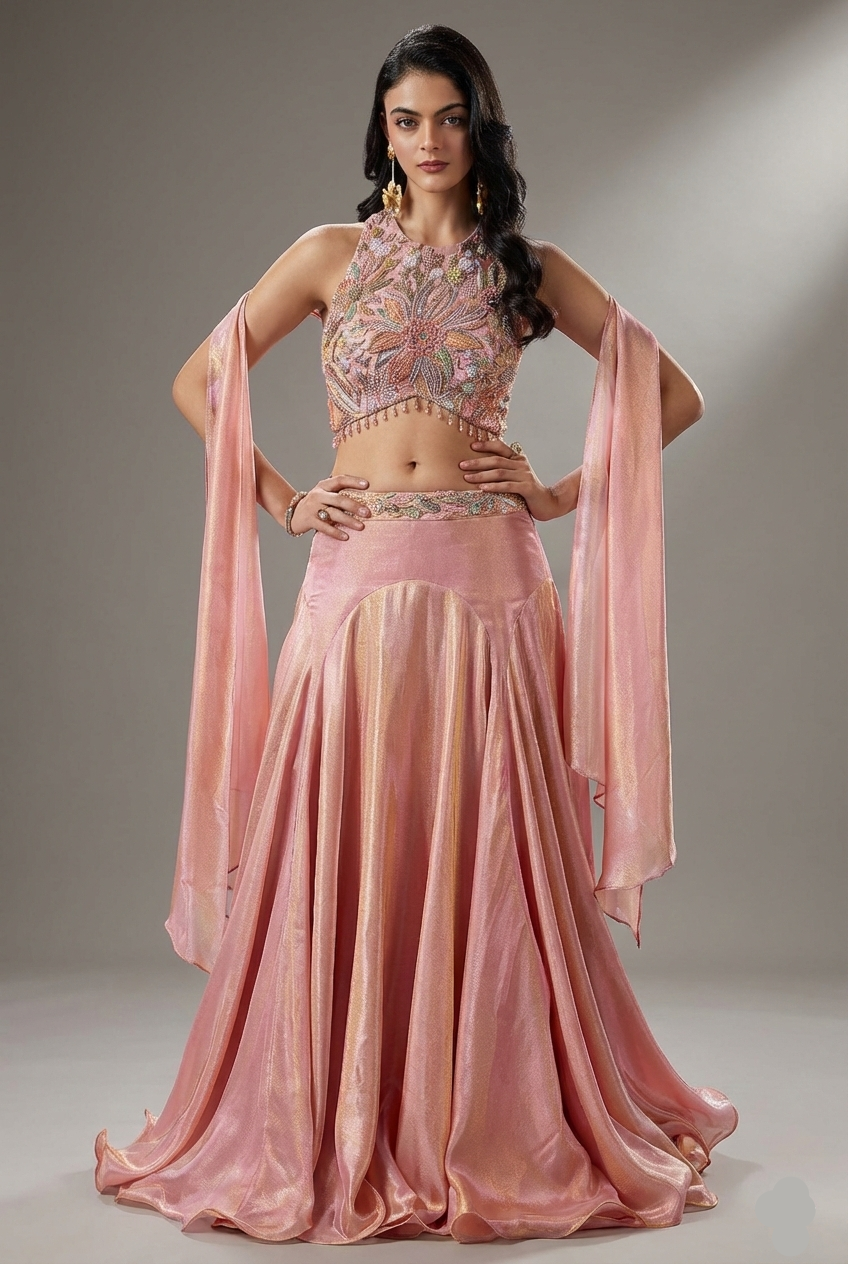 Rose Pink Tissue Mermaid Cut Lehenga with Sequin Cutdana Worked Blouse