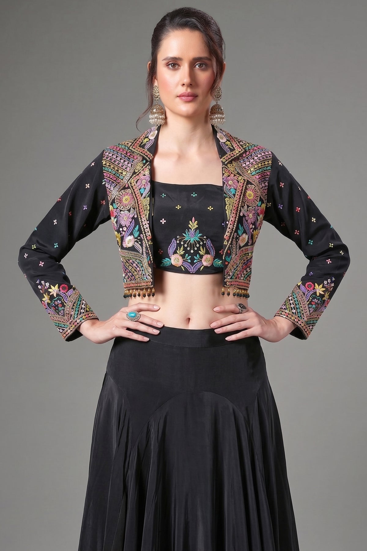 Black Crepe Silk Embroidered Crop Top with Mermaid Cut Lehenga and Jacket