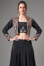 Black Crepe Silk Embroidered Crop Top with Mermaid Cut Lehenga and Jacket