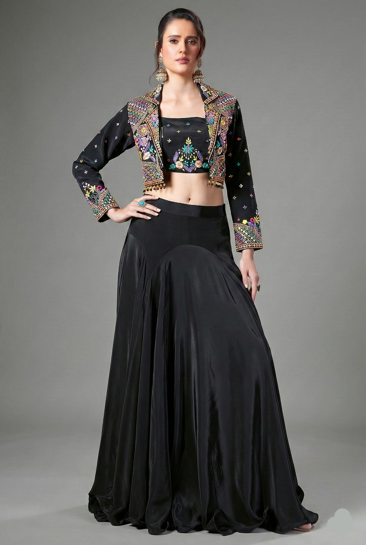 Black Crepe Silk Embroidered Crop Top with Mermaid Cut Lehenga and Jacket