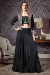 Black Crepe Silk Embroidered Crop Top with Mermaid Cut Lehenga and Jacket