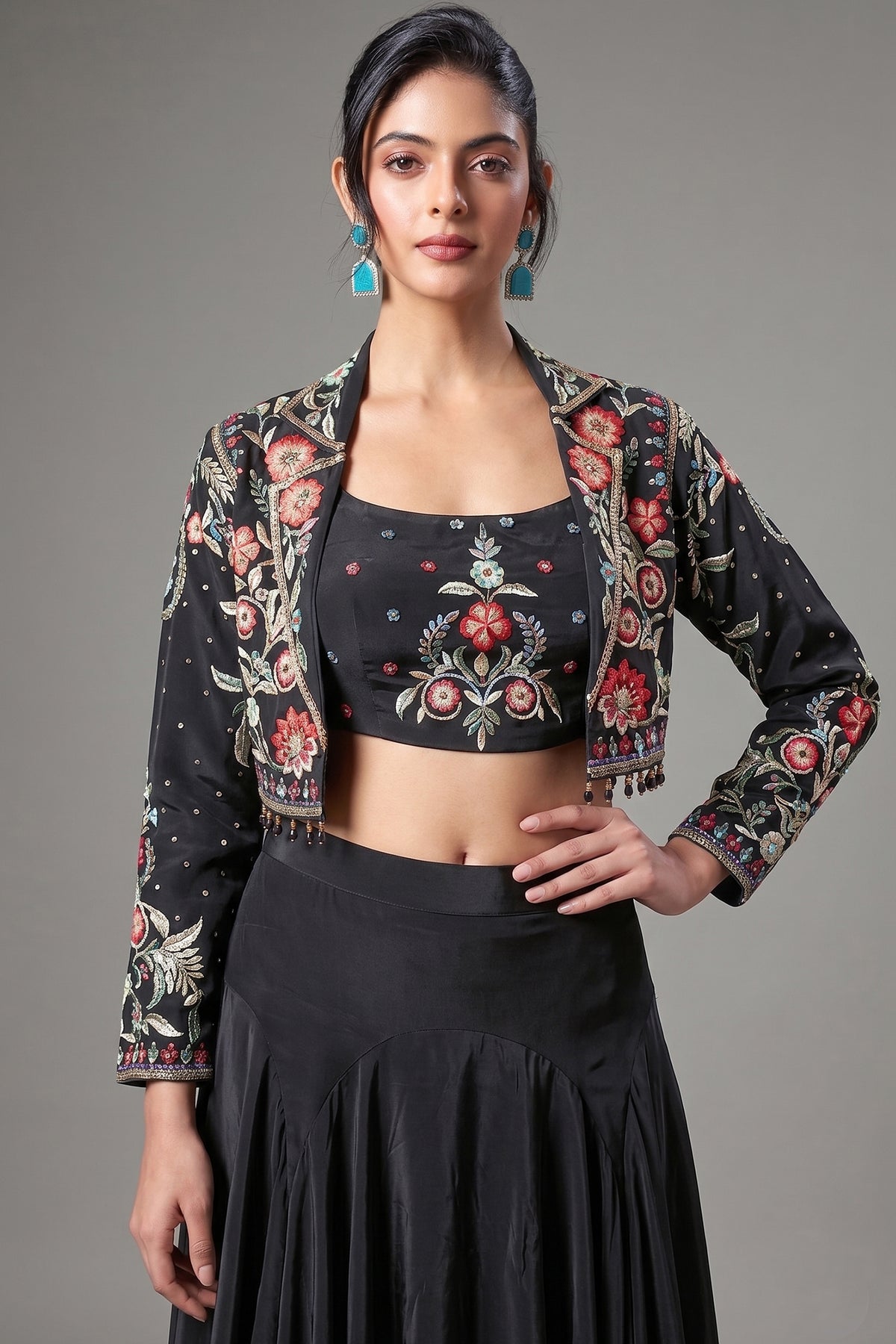 Black Crepe Silk Floral Embroidered Crop Top with Mermaid Cut Lehenga and Jacket