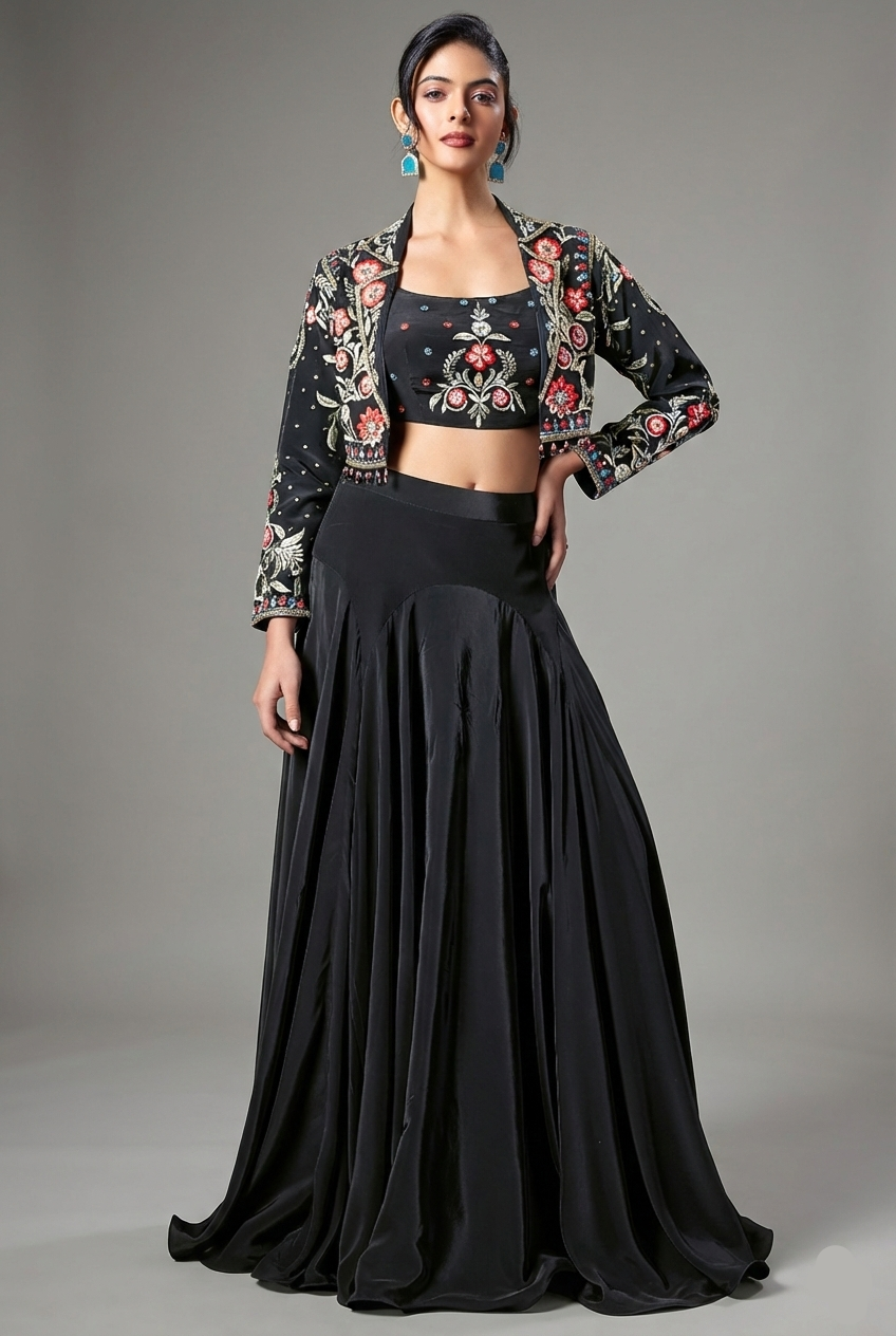 Black Crepe Silk Floral Embroidered Crop Top with Mermaid Cut Lehenga and Jacket