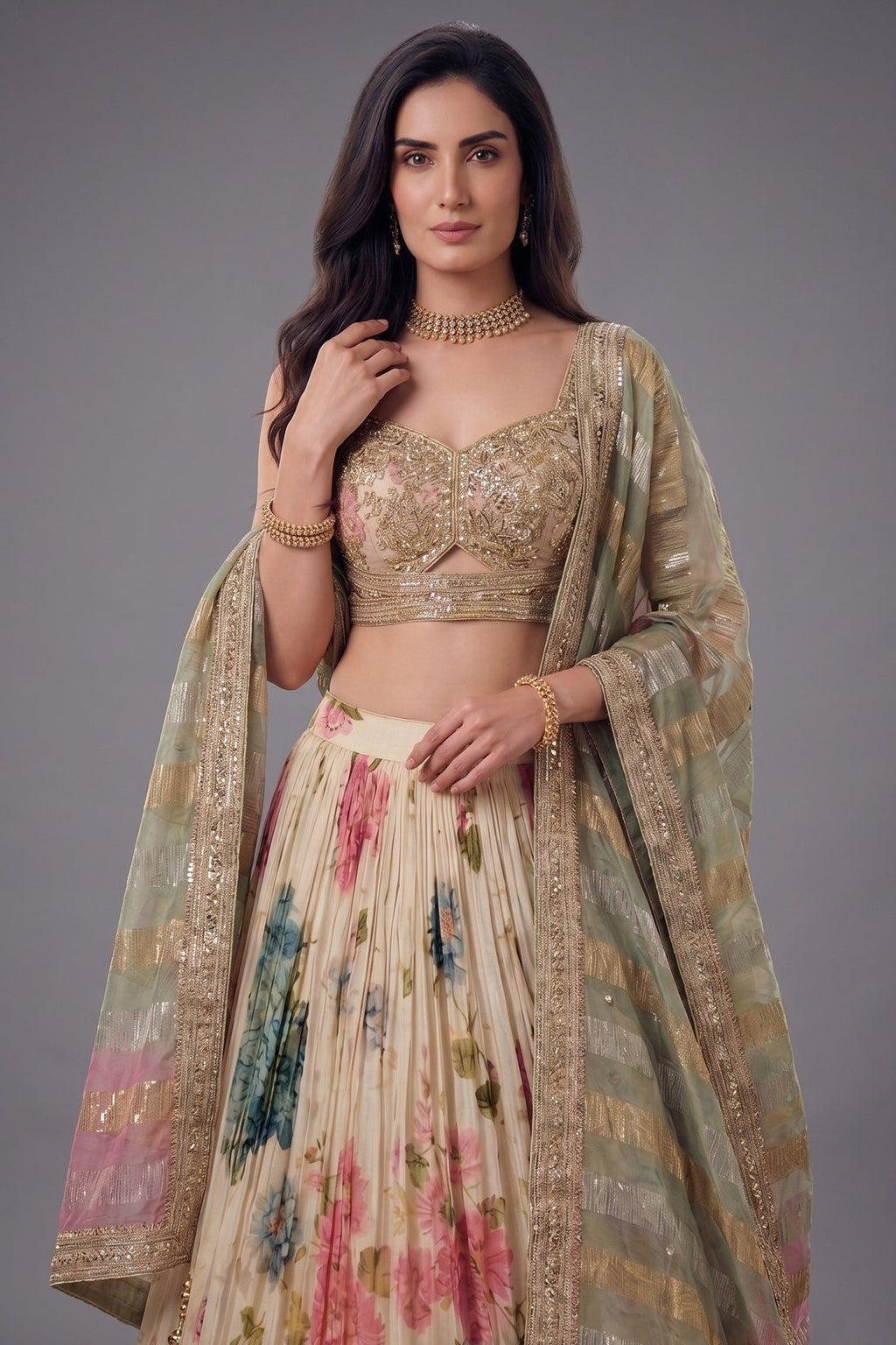 Cream Chinon Silk Floral Printed Flared Lehenga