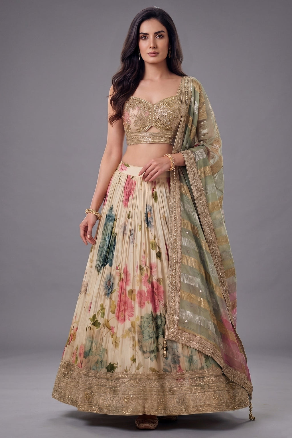 Cream Chinon Silk Floral Printed Flared Lehenga