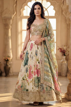 Cream Chinon Silk Floral Printed Flared Lehenga