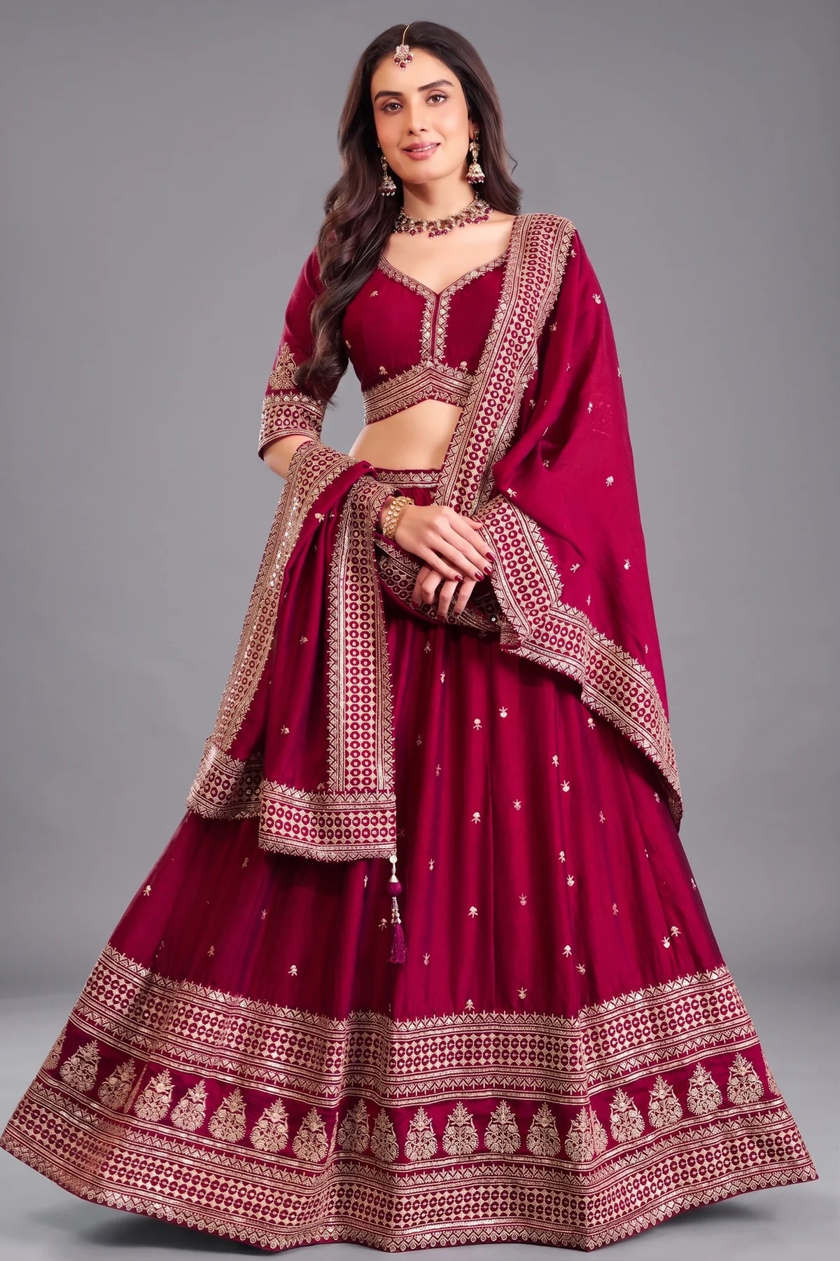 Wine Art Silk Sequin Embroidered Lehenga - Premium - CCHD1138