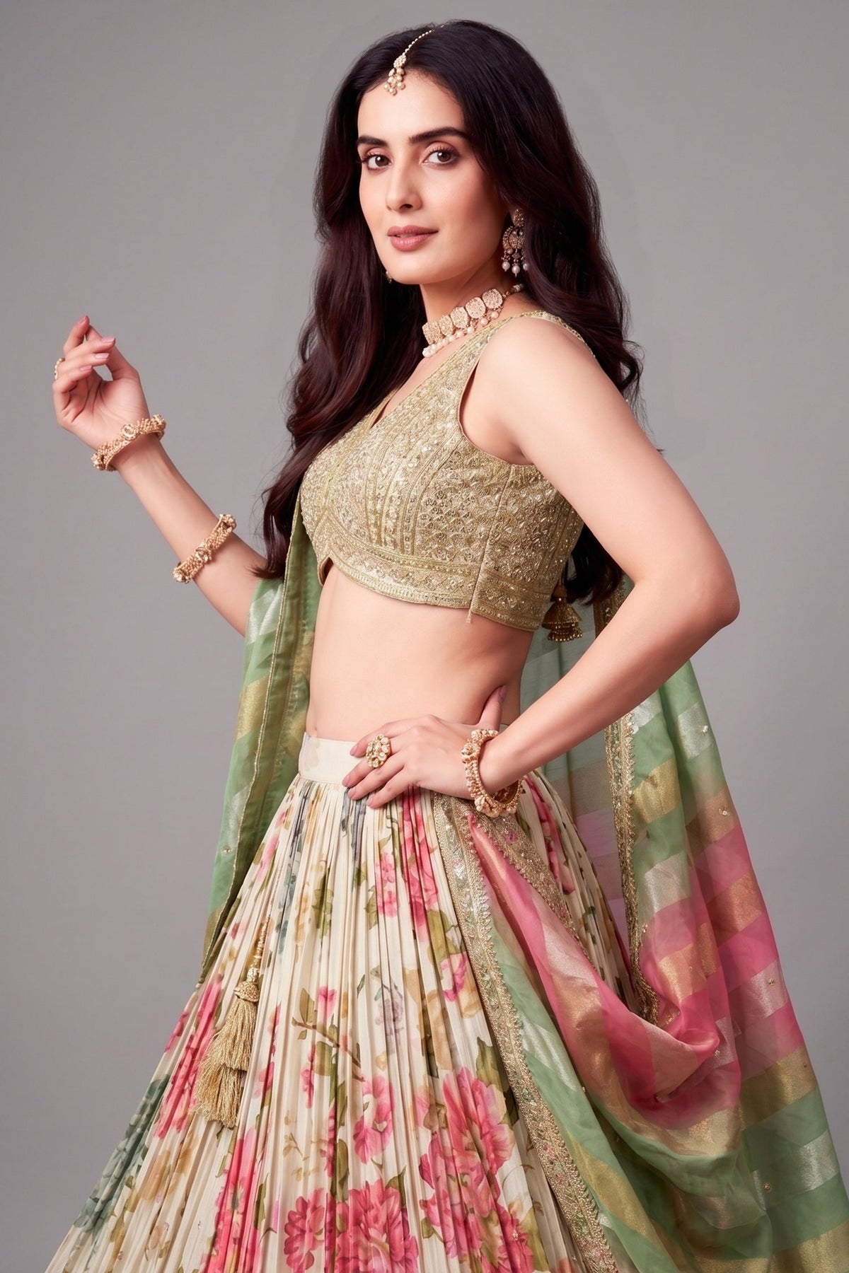 Cream Chinon Silk Floral Digital Printed Lehenga