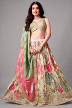 Cream Chinon Silk Floral Digital Printed Lehenga
