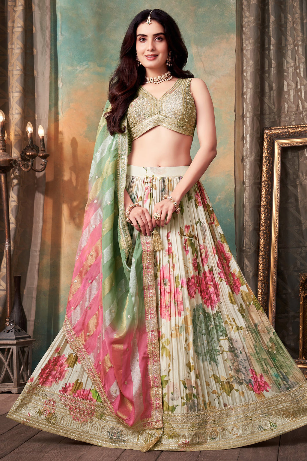 Cream Chinon Silk Floral Digital Printed Lehenga