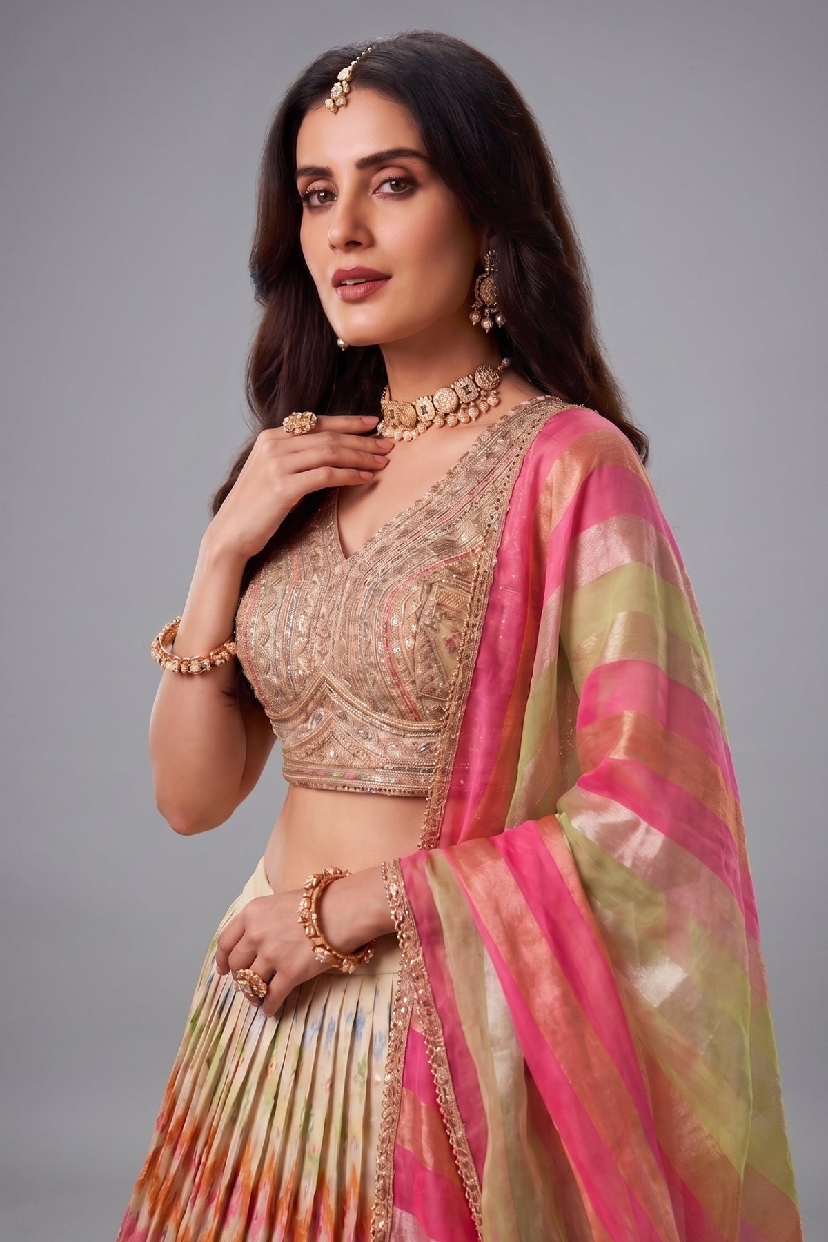 Cream Organza Multi Thread Embroidered Lehenga with Sequin Work