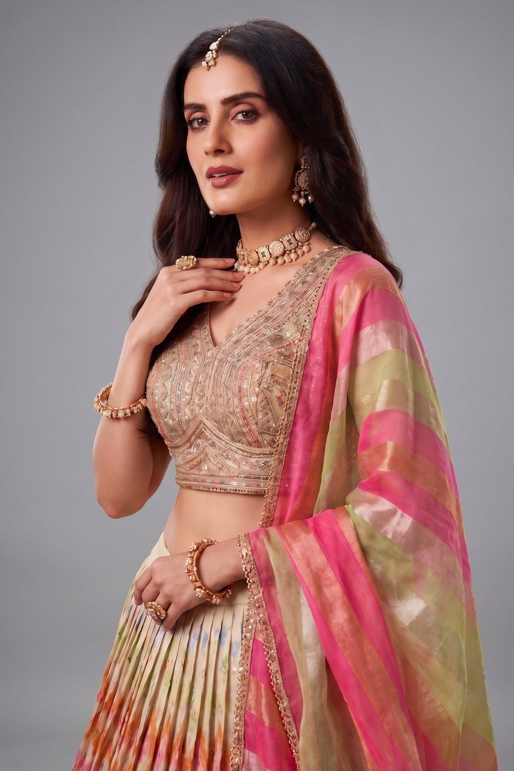 Cream Organza Multi Thread Embroidered Lehenga with Sequin Work