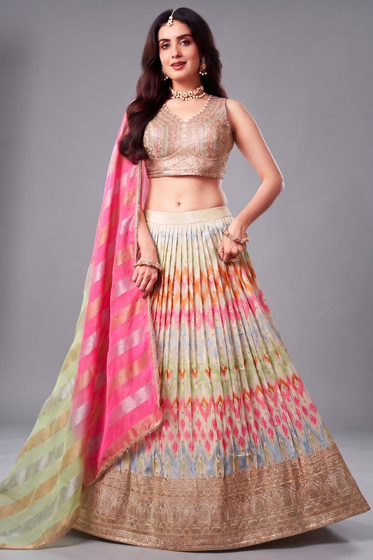 Cream Organza Multi Thread Embroidered Lehenga with Sequin Work