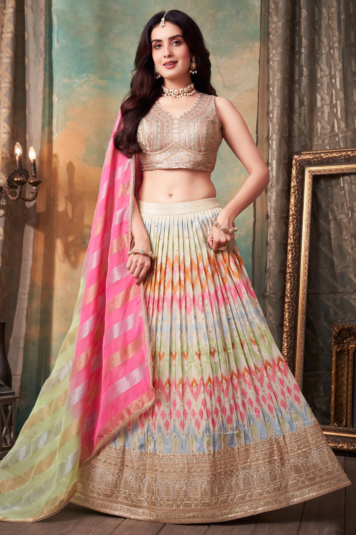 Cream Organza Multi Thread Embroidered Lehenga with Sequin Work