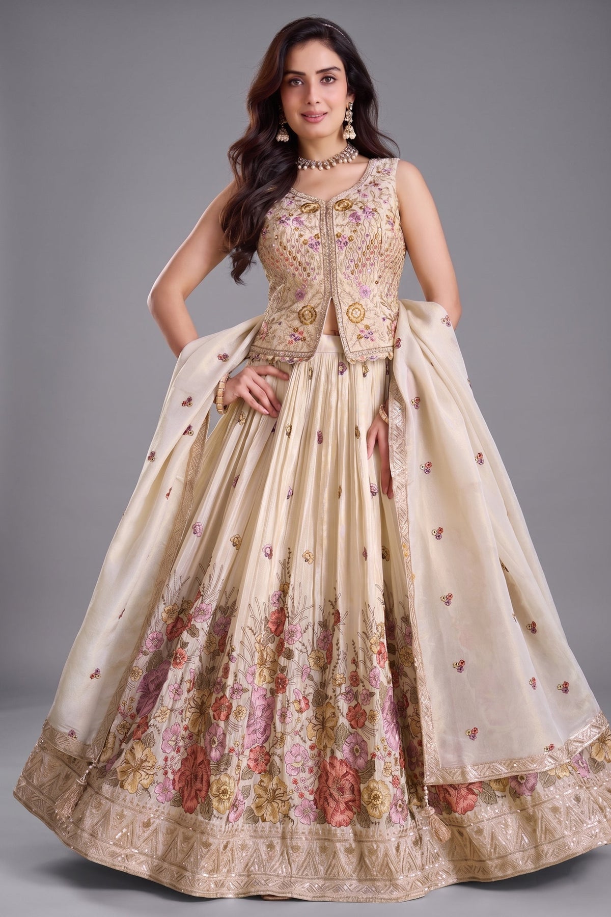 Cream Chinon Floral Embroidered Lehenga with Long Blouse