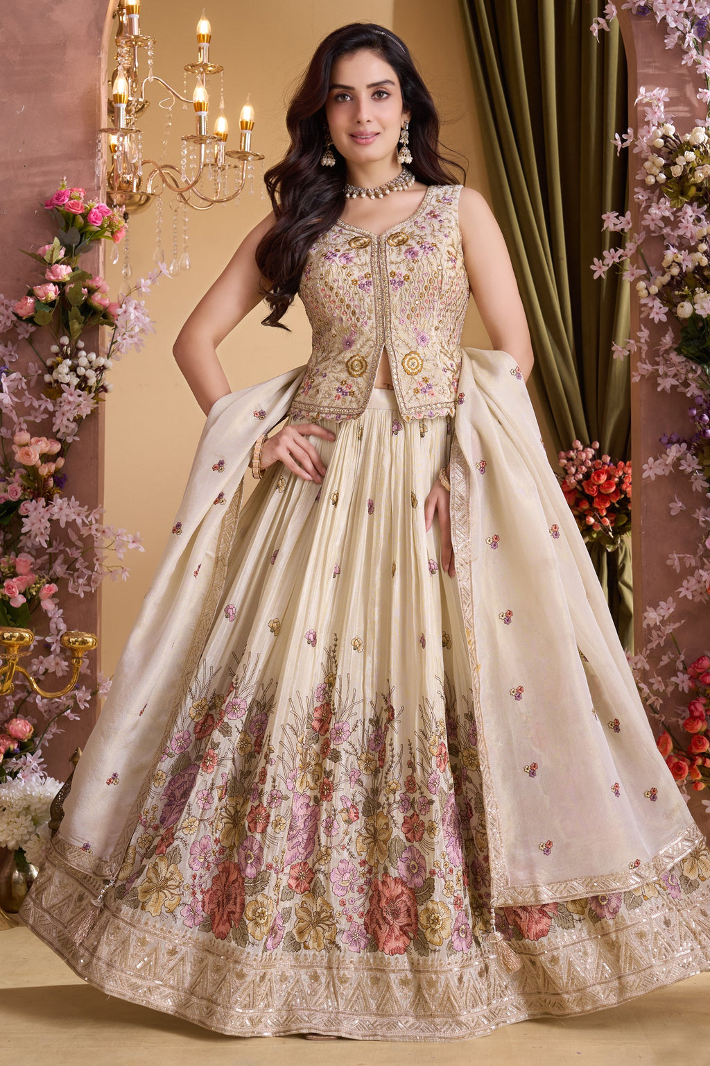 Cream Chinon Floral Embroidered Lehenga with Long Blouse