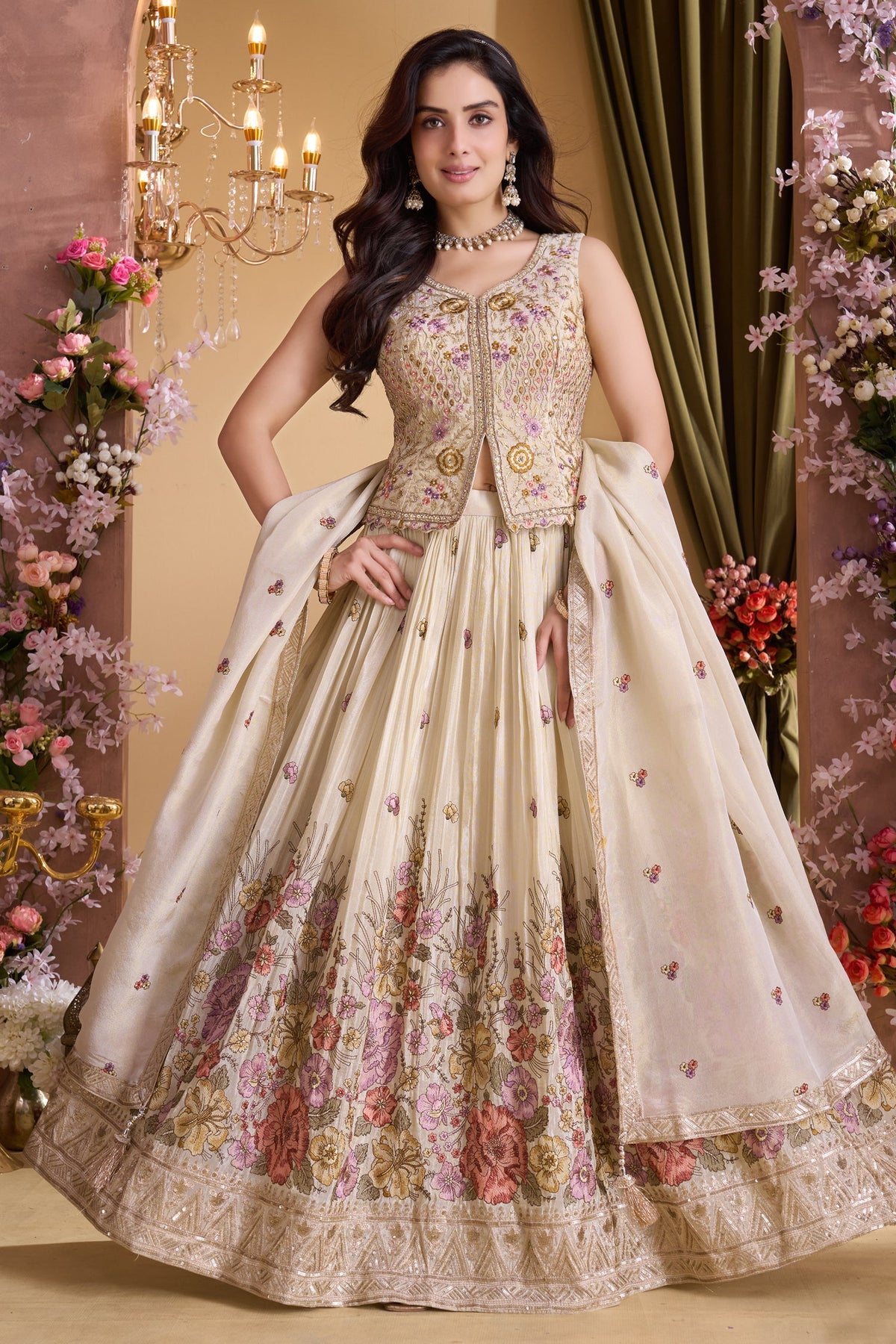 Cream Chinon Floral Embroidered Lehenga with Long Blouse