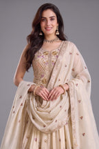Cream Chinon Floral Embroidered Lehenga with Long Blouse