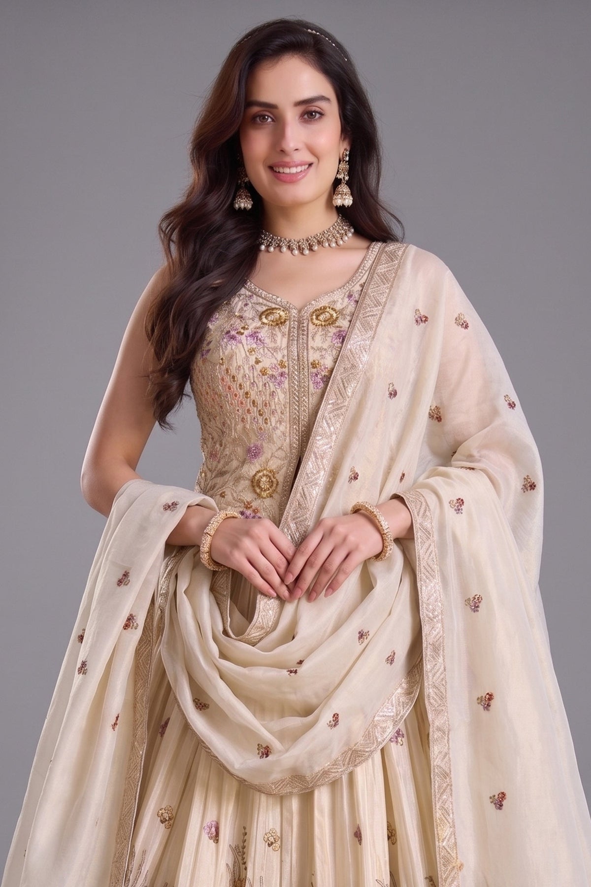 Cream Chinon Floral Embroidered Lehenga with Long Blouse