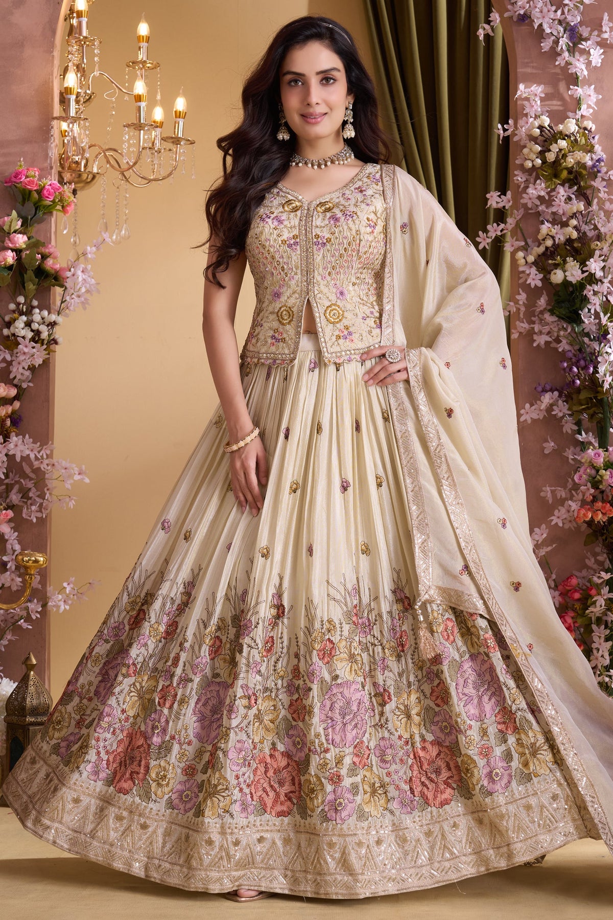 Cream Chinon Floral Embroidered Lehenga with Long Blouse