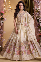 Cream Chinon Floral Embroidered Lehenga with Long Blouse