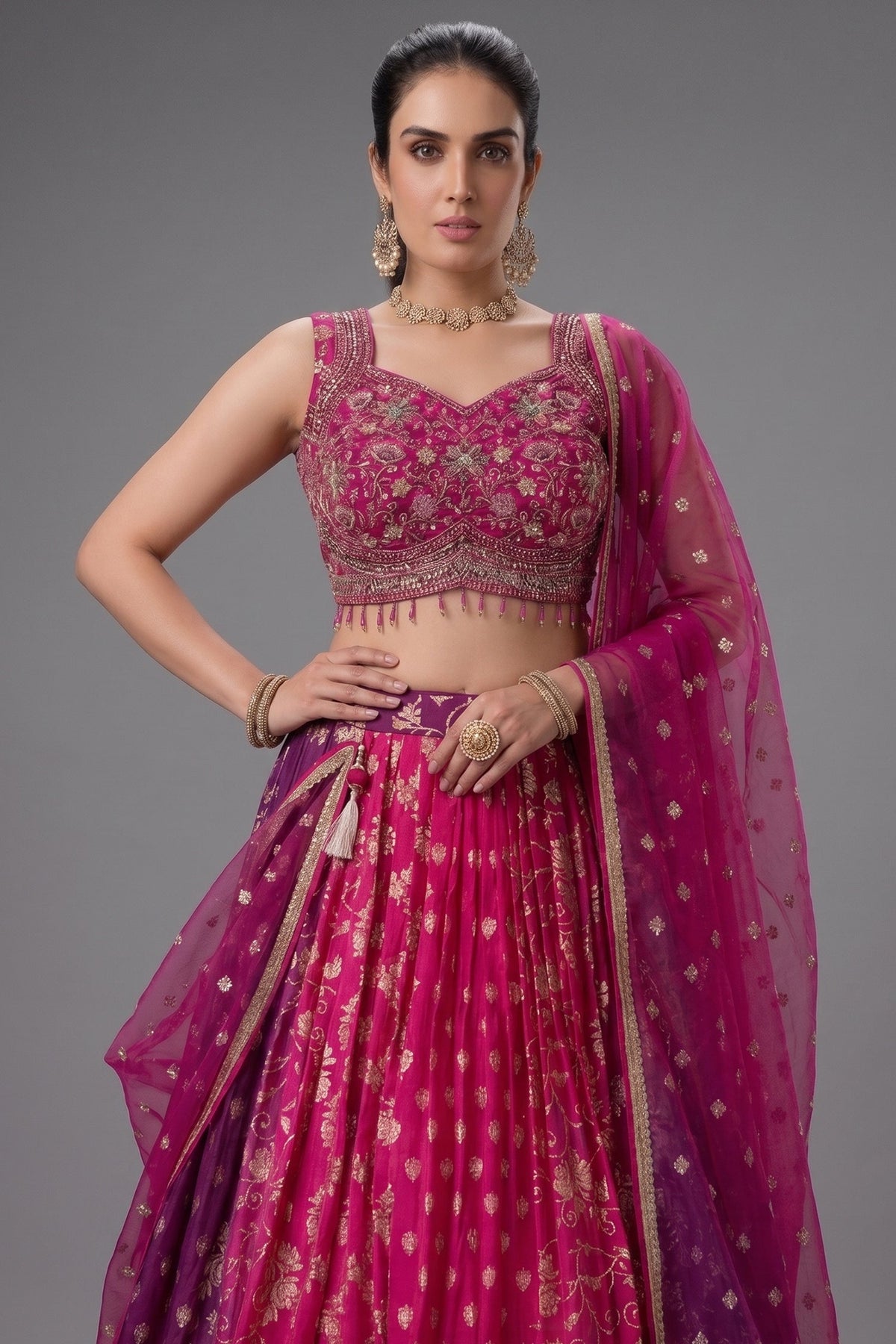 Multi Colored Ombre Georgette Woven Lehenga