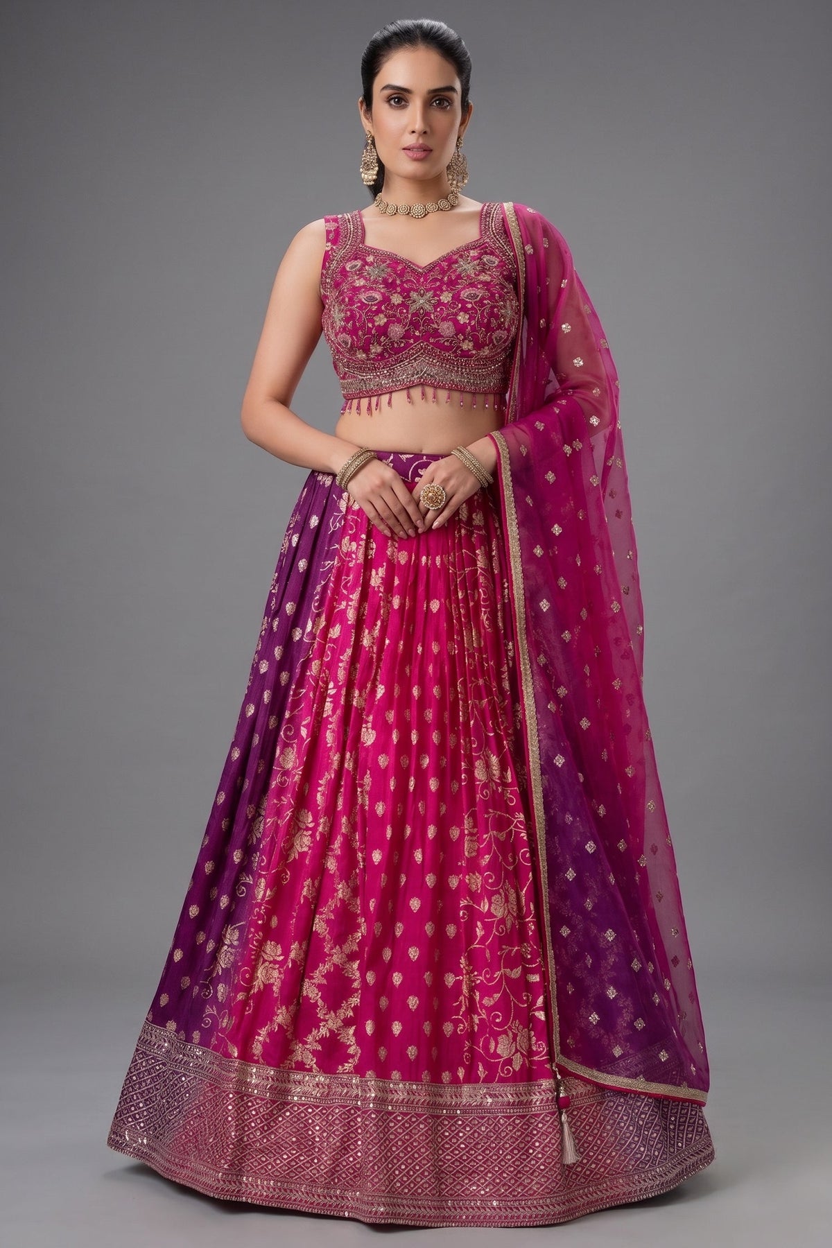 Multi Colored Ombre Georgette Woven Lehenga